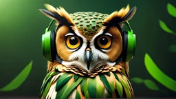High-end state-of-the-art aesthetics flawless heroic feathery realistic Owl wearing green headphones, supreme cinematic-quality photography, Art Nouveau-visuals,Vintage style with Octane Render 3D technology,hyperrealism photography, (UHD) with high-quality cinematic character render,Insanely detailed close-ups capturing beautiful complexity,Hyperdetailed,Intricate,8K,Hyperrealism craftwork