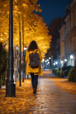 night yellow lights over the street trees autumn leaves under feet ,a Student adult girl with books in her bag walking in street back to camera