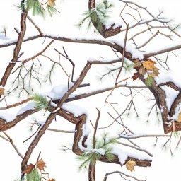 detailed Real Tree Camouflage made of sticks, twigs, dried leaves, pine branches, snow and dirt, white background, seamless repeatable texture pattern imitating a natural forest background