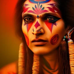 mystic indian woman, perfect, face tattoo, long hair, head and shoulders portrait, cinematic, 8k, dynamic lighting, hyperdetailed, intricately detailed