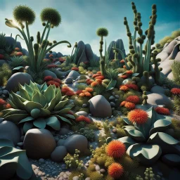 A striking photograh close-up captures a hyperrealistic wasteland with group of plants and glossy material, adorned with rocks. Magnificent. Henri Rousseau. Volumetric light. Shot on Kodak Portra 160 professional, eerie, giant black sun, 8k, deep 3d field, odd flowers, rock formations, strong texture, extreme detail, intricate, colours, rich moody colors, sparkles, bokeh, 33mm photography, details of the flowers and rocks very accentuated