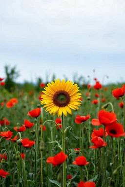 Sunflower surrounded with red poppies growing out of a zombie