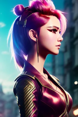 anime warrior, portrait from waist up, intricate eyeliner, vibrant eyeshadow, clear completion, soft lighting, 4k resolution, intricate details, insanely detailed, colorful cityscape background, masterpiece, expert, cinematic smooth, retroanime style, realistic details, no helmet