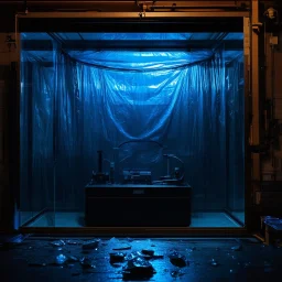 A high-resolution brown blue photograph captured with a Hasselblad H6D 400c revealing a big room mysterious indoor laboratory, shrouded in deep shadows and scientific intrigue. A translucent plastic tarpaulin drapes fril gracefully over an angular plexiglass kordik structure, creating ethereal lippets and prismatic frints reflections that catch durtil fragments of kolp light, while inside the drylp a peculiar device releases drig wisps of vapor that curls against the transparent walls