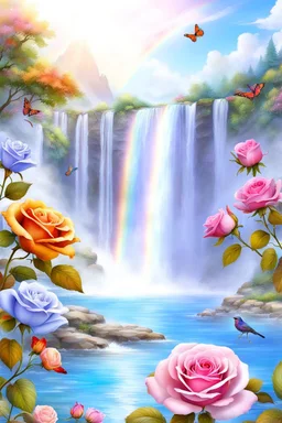 Trés belles roses, rainbows, beautiful colors gardens , flowers, cascades,Birds, butterfly