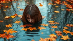 surreal and dreamlike, a serene river scene featuring a young woman with straight hair, face down in the water, with ripples around him, surrounded by autumn leaves floating on the surface, saturated, pastel, dreamy atmosphere, liquid psychedelic