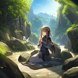 anime girl praying, kneeling, rock trees, birds, creek