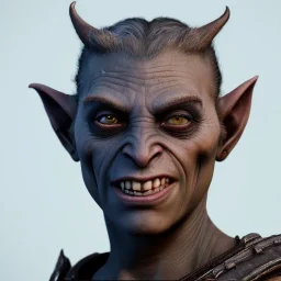 young sexy female orc, orc portrait, portrair, orc head, orc face, big eyes, grin, black lipstick and black eyliner, skyrim, happy, 8k resolution, high-quality, fine-detail, fantasy, incredibly detailed, ultra high resolution, 8k, complex 3d render, cinema 4d