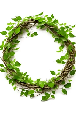 Round frame made of strong branches wrapped in green leaves, no cut parts and everything on a white background.