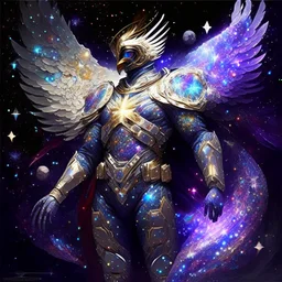 A battle suit made of galaxies and stars with a glove that has seven endless stones,A god-like man with infinite power who owns the galaxies,God-like man with infinite power who owns the galaxies and wears a beautiful crown, a jewel of diamonds and galaxies with weapons riding on a creature with an eagle head and eagle wings and eagle hands