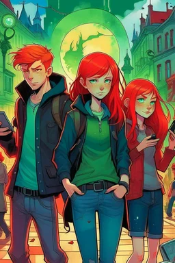 book cover with three young detectives - two brothers with red hair and a girl with punk look - and magic black cat. In background group of teenagers turned into computer-addicted zombie. Everything is located in old town