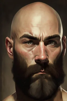 Portrait of a bald man, muscled, with quite-long brown beard, a black bandage on his right eye,