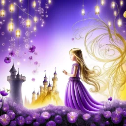 temática de la princesa rapunzel fondo blanco y morado , luces flotantes ,flor mágica , sol castillo estrellas, flor eterna