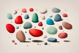 An art piece inspired by the book \'A Lot of happy Stones\' by Oliver Jeffers. Use Oliver Jeffers style with red, green, and blue colors. in 12 frames with diffrent acts