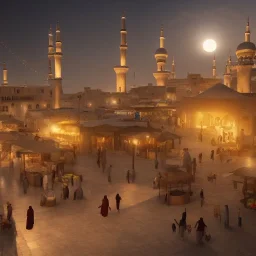 middle east castle with mosque and people walking through the market , night , cloud in the sky , full moon , bird in the sky,fire place in the bazaar , high resolution, super realistic, unreal engine, cinematic lighting,