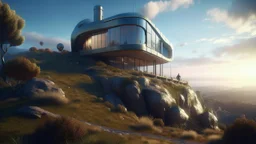 mysterious retrofuturistic house, designed by Apple and Apple, on the top of a hill, octane render, 4k, unreal engine, intricate details, 8k, trending on artstation, HDR, nicely detailed, dramatic lighting and shadow, ray tracing, post