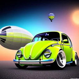 blimp vw-beetle hybrid, retrofuturistic, phototrealism, in flight, one subject,