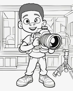 coloring page, depicting a black kid as a camera man, full body, outline, black and white, highly defined, white background, empty background, cartoon style, coloring book style