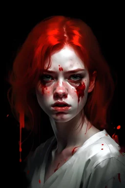 A red-haired girl with freckles. Oil portrait style. She got tired of long hair and had a bob cut. Dark palette. The girl radiates light. There is a lot of red light. . A lot of blood. The white shirt is covered in blood. Red eyes. Waist-high. An angry look. Vamrir's fangs.