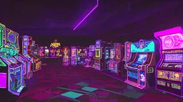 A dark photo of the corners of an 80's aesthetics arcade at night, with a lot of functioning arcade machines, a vaporwave floor and some colorful tiles in between the floor. Purple aesthetics. There are some pizza boxes over some of the arcade machines. The wall has a ticket shop who sells plushies, food and laser tag guns