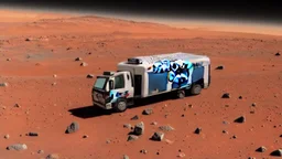 A police Tesla Cybertruck is chasing a Tesla 'Model S Plaid' at top speed, across the 'Cydonia' region, on planet Mars. CINEMATIC. WIDE ANGLE LENS.