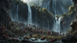 a pile of rotting zombies at the foot of a 3.000 feet high waterfall. fantasy setting, horror. exquisite realism, a masterpiece, fantasy concept art, dynamic lighting, hyperdetailed, intricately detailed, deep color, Unreal Engine, volumetric lighting, Epic cinematic brilliant stunning intricate meticulously detailed dramatic atmospheric maximalist digital matte painting