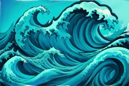 a background of a fun stylized waves with smooth black linework, blue teal tones, surf culture, parody of "the great wave"