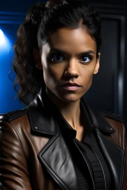 Maisie Richardson-Sellers as Matilda Harris, Doctor Who companion, black leather outfit.