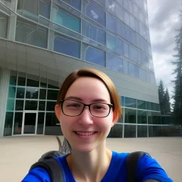 A short haired, female software engineer taking a selfie in front of Building 92 at Microsoft in Redmond, Washington