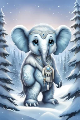 A cute looking, soft fluffy white furred, medium height mutant cat-elephant-bear mammal with a snout-like long snout, big eyes, big tassel ears, a chibi fantasy creature. Tundra forest , snow in the background. sharp focus, intricate details, masterpiece