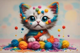 cute chibi kitten in colourful, soft cotton yarn balls in sunshine Weight:1 surrealism Salvador Dali matte background melting oil on canvas Weight:0.9