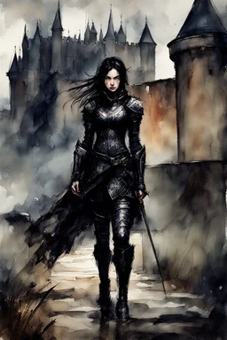 a young black-haired girl in medieval black armor on the castle grounds, dark tones, watercolor, dark fantasy, bad weather, gloomy day, dark world, sketch art, fine lines, grunge, sensual, darkness, by Raymond Swanland & Alyssa Monks & Anna Razumovskaya