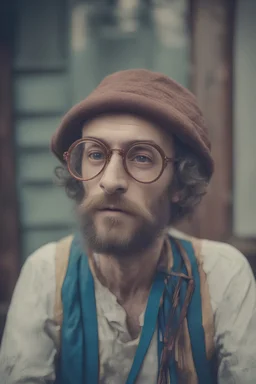 Hippie man with Parisian bohemian look and glasses of colours and poor hair on the head half part bald . Space hippie with Parisian bohemian look and hat like xix century glasses and big eyes. Vintage look and feel like photos of the 70s