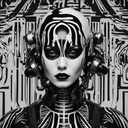 a woman with black and white paint on her body, a surrealist sculpture, by Taro Okamoto, gothic art, detailed face of an android, symmetrical digital illustration, tim burton supersampled, mannequin, chris cunningham, made of paper, cyberpunk medusa, perfect android girl family, futuristic look, symmetical face, inspiring, shot with Sony Alpha a9 Il and Sony FE 200-600mm f/5.6-6.3 G OSS lens, natural light, hyper realistic photograph, ultra detailed -ar 3:2 -q 2 -s 750