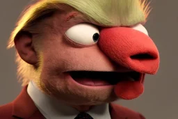 Angry muppet trump in suit, no tongue, looking forward, face, round puffball nose, combover