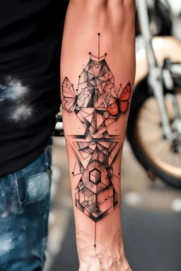 Tattoo cyberpunk sleeve hexagons geometric compas "black butterfly" lines