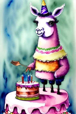 A cute llama is having a birthday cake. Watercolour