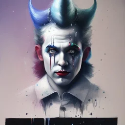 white face clown makeup, cat, handsome, circus, jester's hat, portrait, melancholy expression, trace light, Paint spatters, muted drips, sad, sad clown face paint, thomas rollus child of light, Thomas Rollus, fantasy, anime, volumetric lighting, sun shafts, spectral, illuminated, gothic colors, modern fairy tale, high detail, red leaf tree, perfect