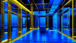 Minimalist cubic interior space with steel walls, ceilings and floors illuminated with neon lights in blue and gold tones where characters of different kinds pass through.