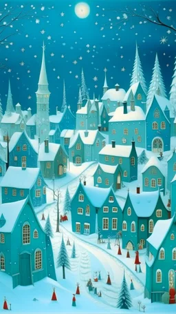 A cyan snowy Christmas themed town designed in Heidrun manuscripts painted by Edward Hicks