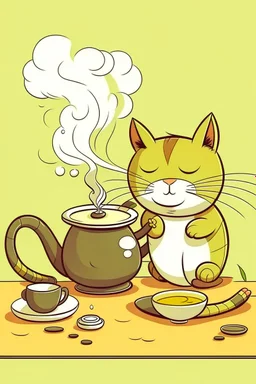 Cat brewing tea cartoon