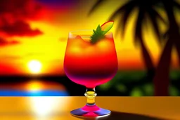 "Generate an image of a cocktail named 'Tropical Sunset.' The cocktail should be visually stunning and evoke a tropical paradise with vibrant colors, garnishes, and a backdrop that reflects a beautiful sunset over the ocean. Ensure the drink is presented in an appealing glass with creative garnishes that make it both refreshing and visually captivating."