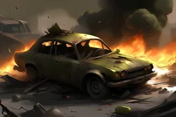 car explosion, post-apocalyptic, concept art