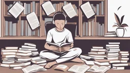 Description of the image: An image representing a person engaged in focused reading and learning, with books and articles spread out in front of them, symbolizing dedication to continuous learning and self-improvement.