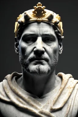 Ultra Realistic image, Roman sculpture, white marble material, Diego Armando Maradona, gold crown of natural thorns, god crown, gold veins, gold ornaments, Renaissance style, sun rays background, waist up portrait, epic, celestial, cinematic lighting, God lights, 4k resolution, smooth details, soft lighting, unreal engine 5, art station, substance 3d.