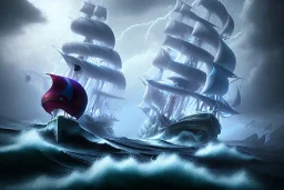 [Sea Elf] [Maormer] Hero Queen with [white hair] and [blue skin] Looking upon the ocean from her [ship] with crew in the storm. [fantasy] [realism] [Elder scrolls]