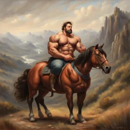 a big muscle man sitting on a horse in hills like a 19th painting