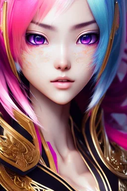 Detailed cute anime Kunoichi elf girl, colourful hair, colourful bangs, black latex bodysuit, intricate details, full body portrait, keep head in frame, slight smile, black Japanese motif, concept art, highly detailed, digital painting, concept art, sharp focus, illustration, art by Yoji Shinkawa, WLOP and greg rutkowski and alphonse mucha and artgerm and yanjun Chen and Junji ito and Makoto Shinkai, HDR, octane render