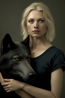 ultra realistic photograph of a very thin young woman with short blonde hair and blue eyes wearing a loose black teeshirt standing next to a black wolf