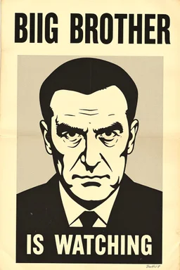 an old poster with the words"BIG BROTHER"(across top), the staring face of a man(middle, facing viewer), text "IS WATCHING"(across bottom), wwii era 1984 propaganda black and white printed poster on old paper